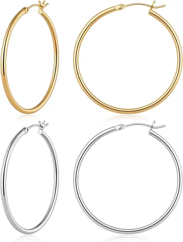 Vista 52 de Aretes de aro de oro para mujer chapados en oro real de 14 quilates con poste de plata de ley 925 Dorado