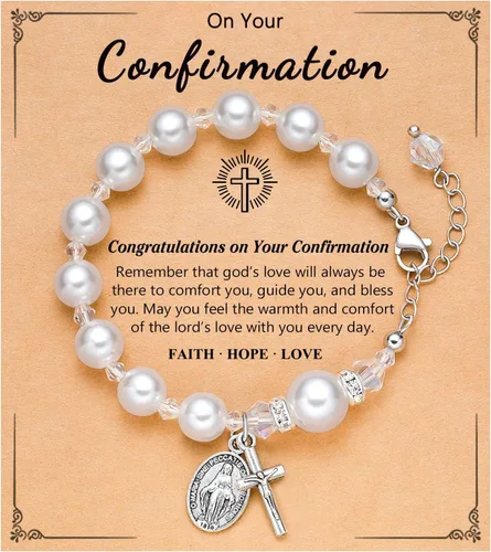 Vista 7 de UNGENT THEM Pulsera de perlas con cruz de rosario, bautismo, comunión, confirmación católica, regalos de Pascua para niñas, nieta, hija, sobrina