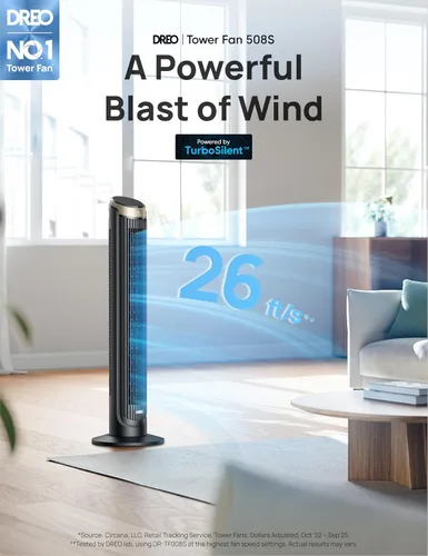 Vista 2 de Dreo - Ventilador de torre WiFi de 40 pulgadas, enfriamiento de alta velocidad de 26 pies por segundo, ventilador silencioso con control remoto