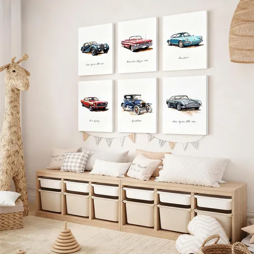 Vista 3 de 6 impresiones artísticas clásicas de acuarela para pared, carteles de súper auto para habitación de niños, decoración de habitación de autos