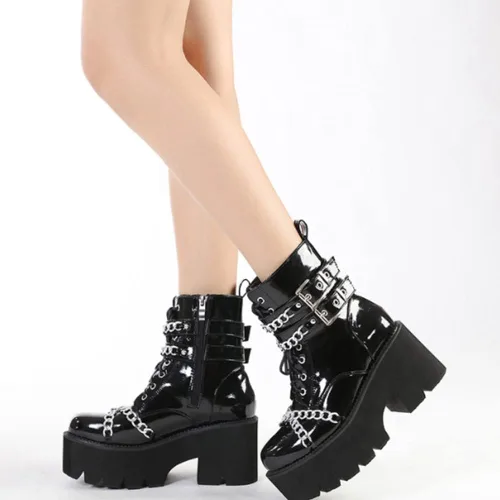 Vista 5 de mikarka Platform Boots for Women - Womens Combat Boots with Chain Design 1-negro