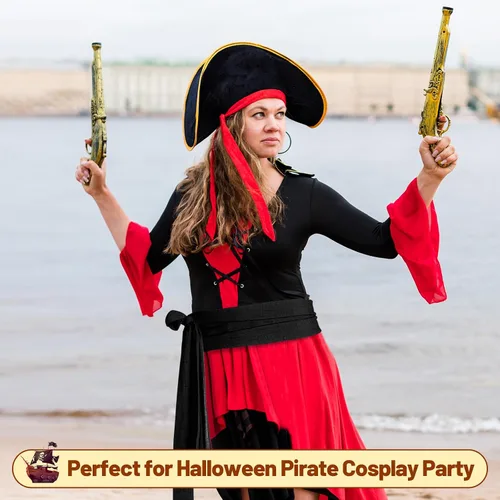 Vista 4 de 2 unidades de cinturón de pirata de Halloween, color negro y rojo vino, gran bandana pirata, cinturón de cintura para hombres y mujeres, Halloween