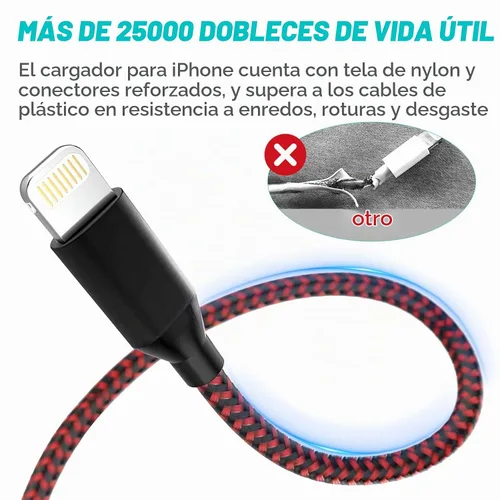 Vista 2 de Paquete de 3 cables de carga para iPhone con certificación MFi de 6 pies, color rojo