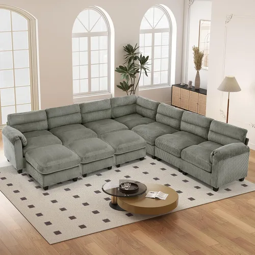 Vista 102 de HAOMARKETS Sofá esquinero modular en forma de L de 115 pulgadas con 2 otomanas móviles, sofás de pana de 8 plazas con cojín grueso para sala de Beige