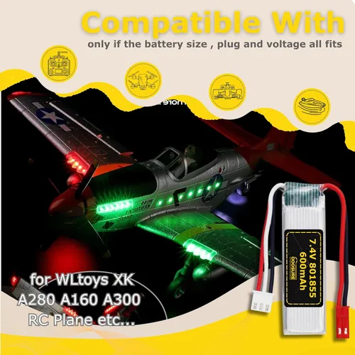 Vista 2 de Batería de 7.4V 600mAh 801855 compatible con WLtoys Toys XK A280 A160 A300 RC Airplane, P51 Mustang 4 canales 6G/3D sin escobillas 2.4G avión