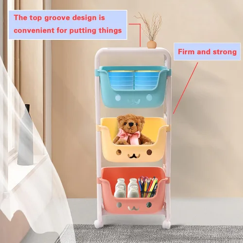 Vista 6 de Organizador de almacenamiento de juguetes para niños, carrito rodante de 3 niveles, decoración de sala de juegos para niños, estante de actividades