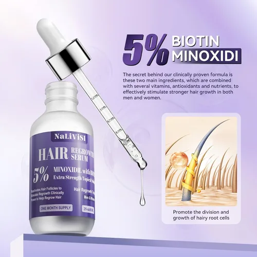 Vista 2 de Paquete de 2 aceites de minoxidil al 5% para hombres y mujeres, suero de crecimiento del cabello con masajeador del cuero cabelludo, espuma
