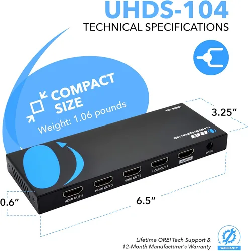 Vista 5 de OREI UltraHD 4K @ 60 Hz 1 X 4 HDMI Splitter 1 entrada 4 salidas 4 puertos 4: 8-Bit - HDMI 2.0, HDCP 2.0, 18 Gbps, EDID, Duplicar / Reflejar