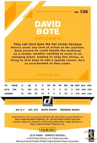 Vista 2 de 2019 Donruss #138 David Bote Chicago Cubs Baseball Card
