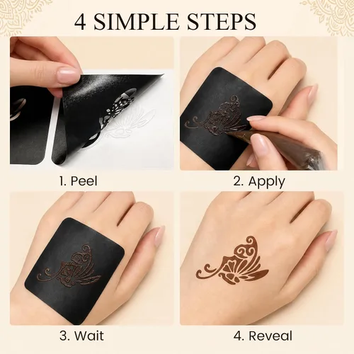 Vista 3 de Koogel Kit de plantillas de tatuaje de henna de 18 hojas, 97 plantillas de tatuaje con brillantina temporal para pintura facial y arte corporal