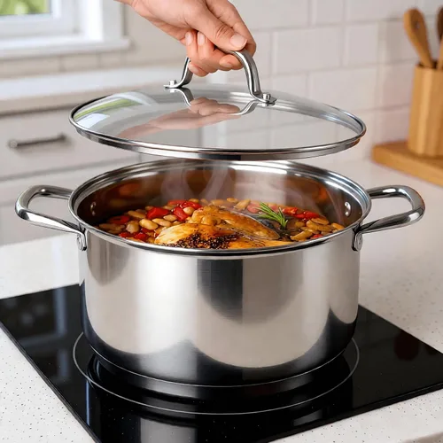 Vista 4 de Olla de 10 cuartos de galón con tapa de vidrio, olla de sopa de acero inoxidable de grado alimenticio premium, olla grande para cocinar guisos