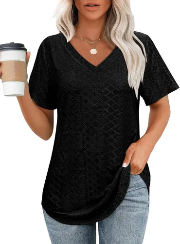 Vista 18 de OFEEFAN Camisetas básicas de manga corta con cuello en V para mujer, ajuste holgado, con dobladillo curvado B-verde