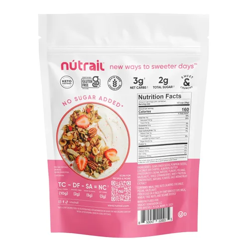 Vista 3 de NuTrail Cereal de granola de nuez, vainilla y fresa, sin azúcar añadido, keto, bajo en carbohidratos, sin gluten, sin granos, desayuno saludable, 8