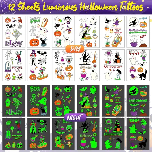 Vista 2 de Leesgel Decoraciones de Halloween – Tatuajes temporales para niños (12 hojas), calcomanías luminosas de tatuaje falso para niños y niñas, regalos