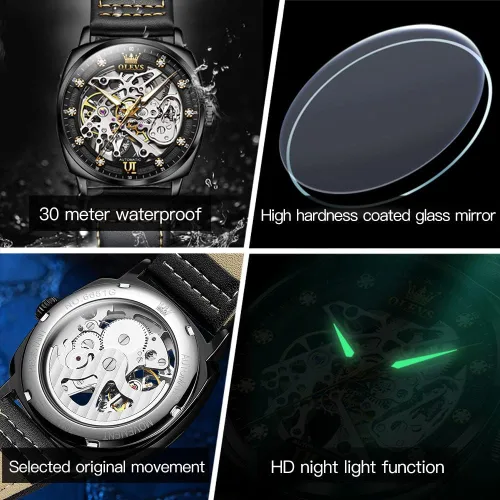Vista 6 de OLEVS Relojes mecánicos automáticos para hombres, impermeables, de metal, relojes de pulsera automáticos de acero inoxidable