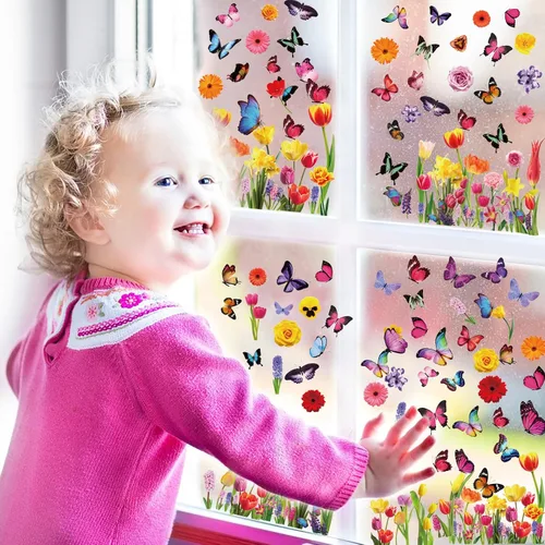 Vista 2 de Calcomanías de primavera para ventana, encanta tus ventanas de cristal con 127 piezas en 9 hojas, diseños de tulipanes, mariposas y flores para una