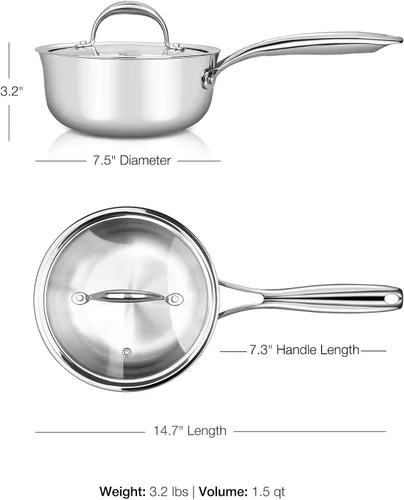Vista 3 de KEAWELL K3 Premium - Cacerola de acero inoxidable de tres capas de 1.5 cuartos con tapa, seguro para inducción y horno hasta 600°F, calentamiento