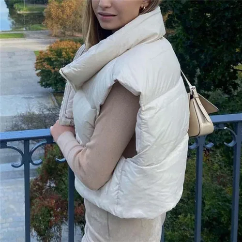 Vista 3 de KEOMUD - Chaleco corto acolchado de invierno para mujer, ligero, sin mangas, cálido, con relleno para exteriores