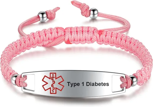 Vista 8 de JF.JEWELRY Pulseras de identificación de alerta médica para diabetes tipo 1 pregrabadas para hombres y mujeres, cuerda de nailon trenzada
