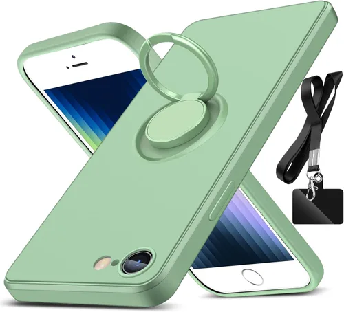 Vista 9 de Funda para iPhone SE 2022/2020, iPhone 8/7, con soporte de anillo giratorio de 360° y correa de silicona líquida delgada funda protectora para Negro
