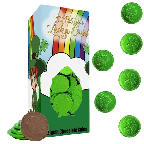 Vista 6 de Monedas de chocolate del día de San Patricio, monedas verdes de la suerte, chocolate con leche belga sin nueces, moneda láctea certificada Kosher