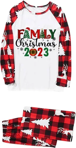 Vista 3 de Pijamas de Navidad a juego para la familia, pijamas clásicos de Navidad a cuadros rojos, divertidos pijamas lindos conjuntos de ropa de dormir