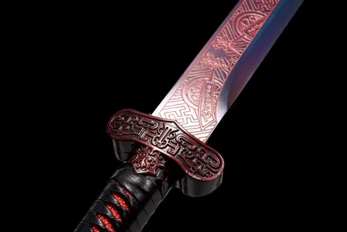Vista 3 de Espada Katana de espiga completa de acero al manganeso, hoja púrpura y rojo