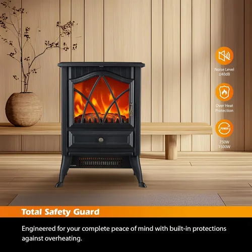 Vista 3 de Calentador eléctrico independiente para estufa de chimenea, 1500 W con efecto de llama LED 3D realista, brillo y termostato ajustables, 2 ajustes