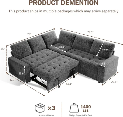 Vista 2 de Vipbear Sofá cama modular modular con cama extraíble, sofá modular en forma de L de felpilla con puertos USB/respaldo ajustable/asientos