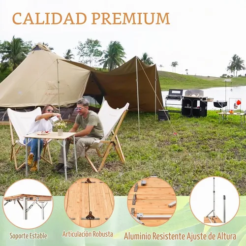 Vista 4 de KingCamp Mesa de Bambú Plegable Mesa de Camping Ecológica con Patas de Aluminio de Altura Ajustable Resistente 4 Pliegues Mesas de Campamento