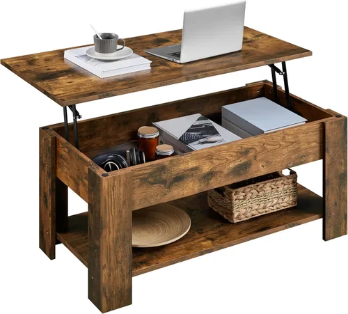 Vista 17 de Yaheetech Mesa de café de madera, mesa de centro con estante de almacenamiento oculto grande, mesa de comedor con superficie elevada para sala