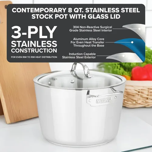 Vista 7 de Viking Olla de Cocción Contemporánea de Acero Inoxidable de 3 Capas, Olla para Sopa de 8 Cuartos con Tapa, Utensilios de Cocina