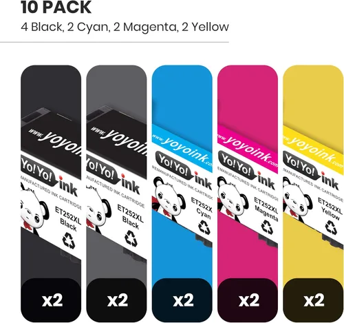 Vista 2 de YoYoink Cartuchos de tinta remanufacturados de repuesto para Epson T252XL 252 XL (4 negros, 2 cian, 2 magenta, 2 amarillos, 10 unidades)