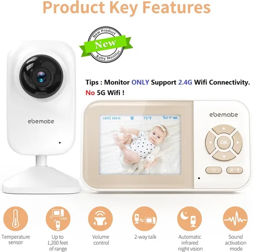 Vista 2 de ebemate Cámara de Monitoreo de Bebé con Video, Cámara de Monitoreo de Audio de Comunicación Bidireccional con Canciones de Cuna Monitoreo de Bebé