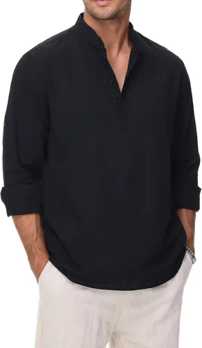 Vista 8 de Camisas de Algodón y Lino para Hombres Ligeras Casuales de Manga Larga Henley Playa Hawaianas Tops