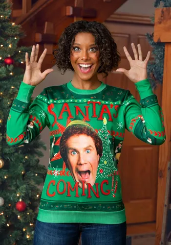 Vista 6 de Fun Costumes Sudadera navideña fea de elfo de Papá Noel para adultos