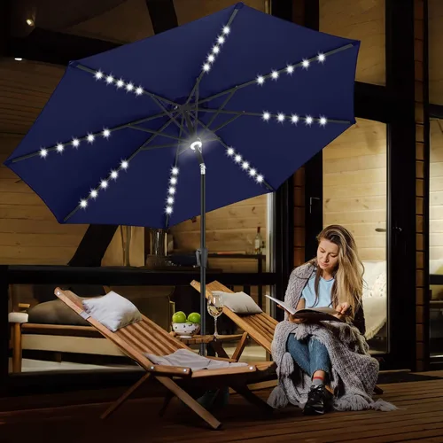 Vista 6 de FLAME&SHADE Sombrilla de exterior de 9 pies con 40 luces LED, sombrilla de patio con luz solar y luz envolvente central, sombrilla de mercado