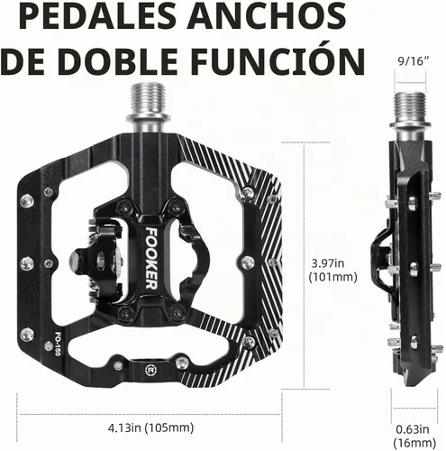 Vista 2 de FOOKER Pedales de bicicleta de montaña MTB, plataforma plana de 3 rodamientos, compatible con doble función sellada de aluminio sin clipless pedales