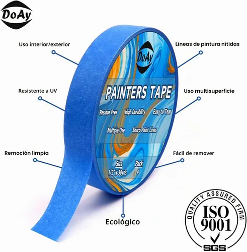 Vista 2 de Cinta adhesiva para pintores azul 1/2 pulgadas x 30 yardas - Uso multisuperficie - 120 yardas en total - 4 rollos