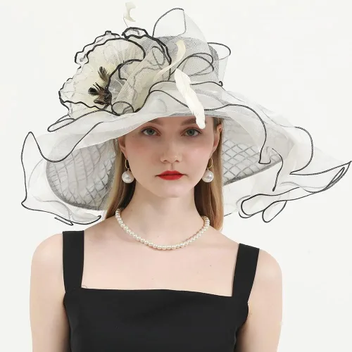 Vista 2 de Sombreros de organza para mujer, para fiesta, iglesia, derby, visera para el sol, sombreros, flores, tocados, fedoras de ala ancha grande