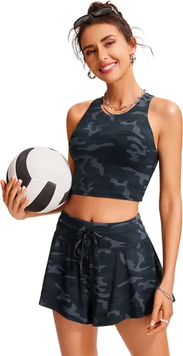 Vista 3 de CRZ YOGA Pantalones cortos de natación para mujer, pantalones cortos de playa de cintura alta, falda fluida, pantalones cortos de natación con forro
