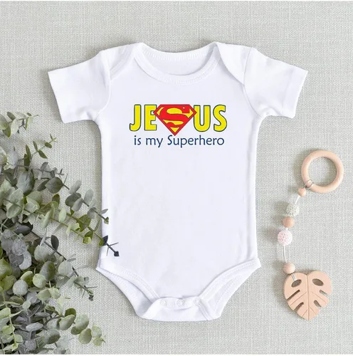Vista 5 de TripleBDesigns Jesus is my Superhero Christian Baptism Religioso - Mameluco para bebé recién nacido