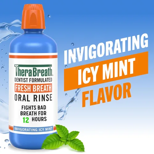 Vista 2 de TheraBreath Enjuague bucal Fresh Breath, vigorizante sabor a menta helada, formulado por dentistas y aceptado por la ADA para el mal aliento con pH