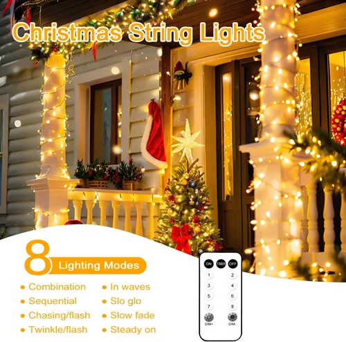 Vista 2 de Cadena de luces LED, 300 LEDs, 9.1 m/100 pies de luces de Navidad blancas cálidas impermeables con control remoto, cable transparente
