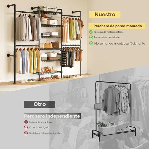 Vista 5 de ONBRILL H3 - Sistema de armario expandible para montaje en pared, organizador de armario de 5.4 pies a 8.1 pies con 4 varillas telescópicas y 6 Negro