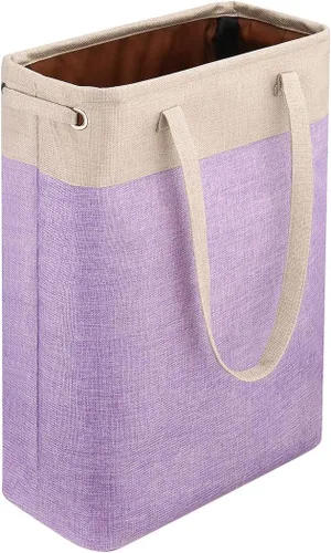 Vista 8 de Cesta de ropa sucia con asas beige y marrón, cesta de lavandería delgada plegable, cesta de ropa sucia estrecha, bolsa de lavandería plegable, cesto