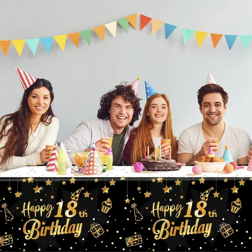 Vista 7 de Ruisita Paquete de 2 manteles rectangulares de color negro y dorado para fiestas de cumpleaños de 18 años, manteles de fiesta de cumpleaños