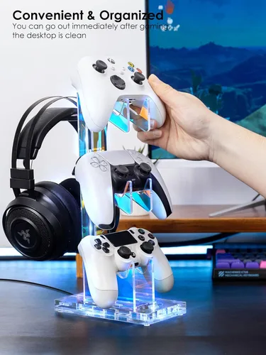Vista 17 de OAPRIRE Headset and Controller Stand with Lights, 2 Tier Acrylic Game Controller Holder, Controller and Headset Stand for Desktop,Universal Design