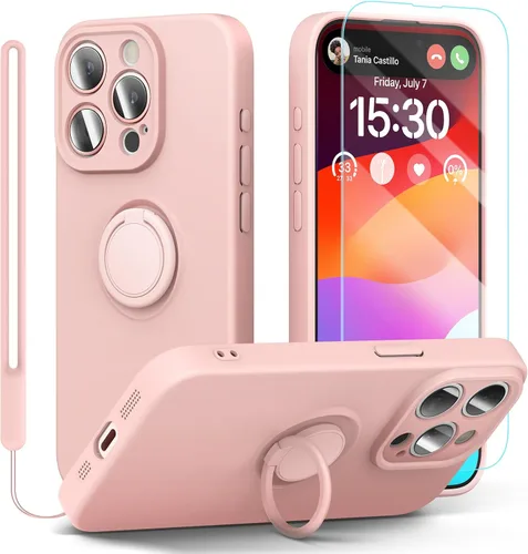 Vista 9 de pcgaga Funda de silicona para iPhone 15 Pro Max con protector de pantalla [soporte de anillo] [correa de muñeca] [forro de microfibra] funda Negro