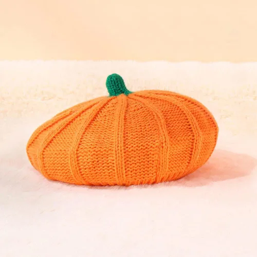 Vista 4 de Gorro de boina de punto de calabaza, gorro de felpa para niños pequeños, lindo gorro cálido de invierno para bebé, madre, adulto, Halloween